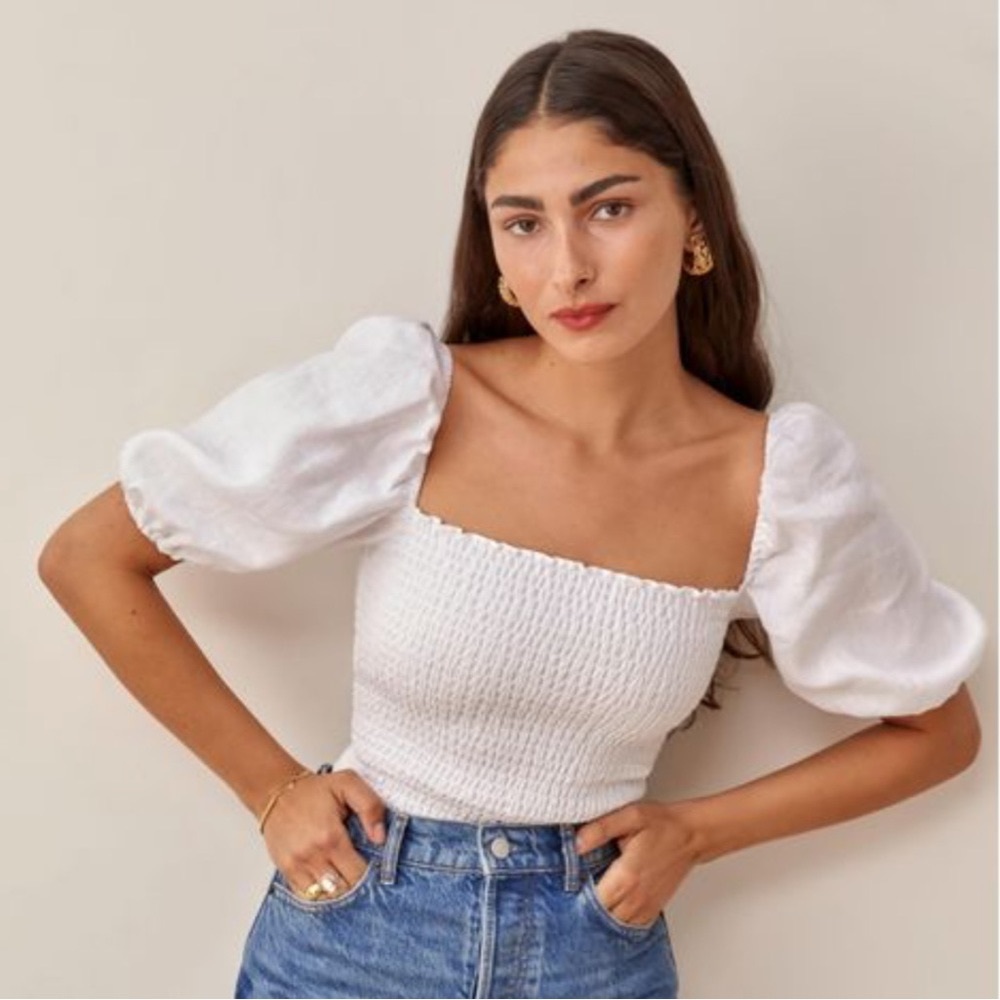 reformation mulberry puff sleeve linen top in white, xs